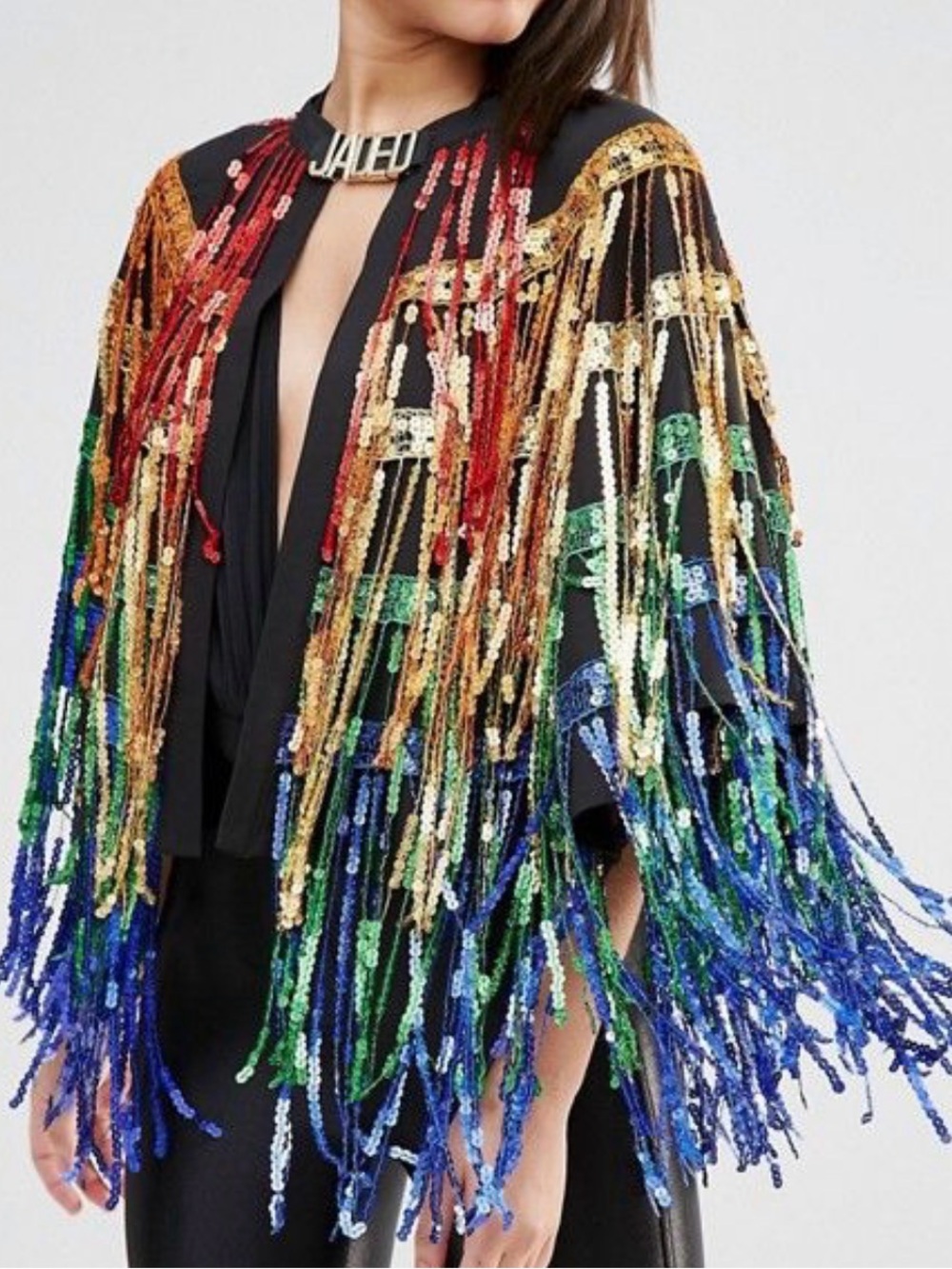 PrettyLittleThing Multicolor Sequin Fringe Jacket Sz 10 Long Sleeve Open Front